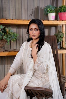 Portrait of a woman in traditional South Asian dress, showcasing elegance and style.